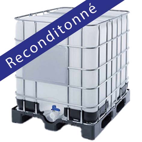 ​​CONTENEUR CUBI PLASTIQUE 1 000L RECONDITIONNE BLANC / PALETTE PLASTIQUE OU ACIER AVEC VANNE